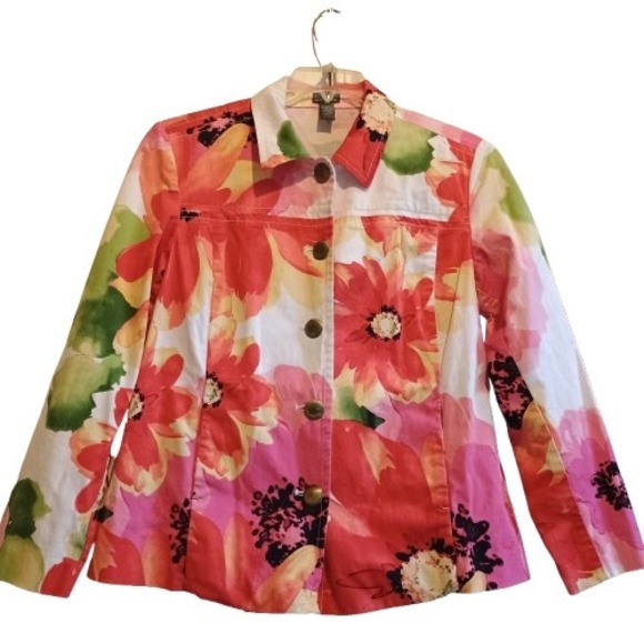 Vtg Chico's Bold Floral Painterly Art-to-Wear Jacket Cotton Spandex Size 1 - Picture 1 of 8